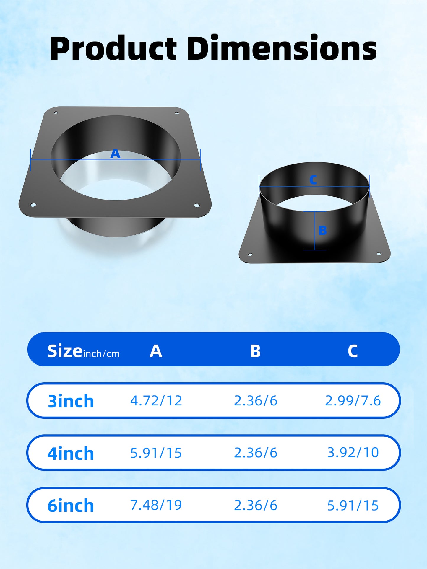 Ehiair Square Duct Connector Flanges, Metal Dryer Vent Connector Fitting, Black