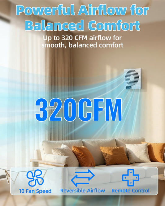 8" Room to Room Fan with Remote, 320 CFM Room to Room Air Transfer Fan, ETL Certifie