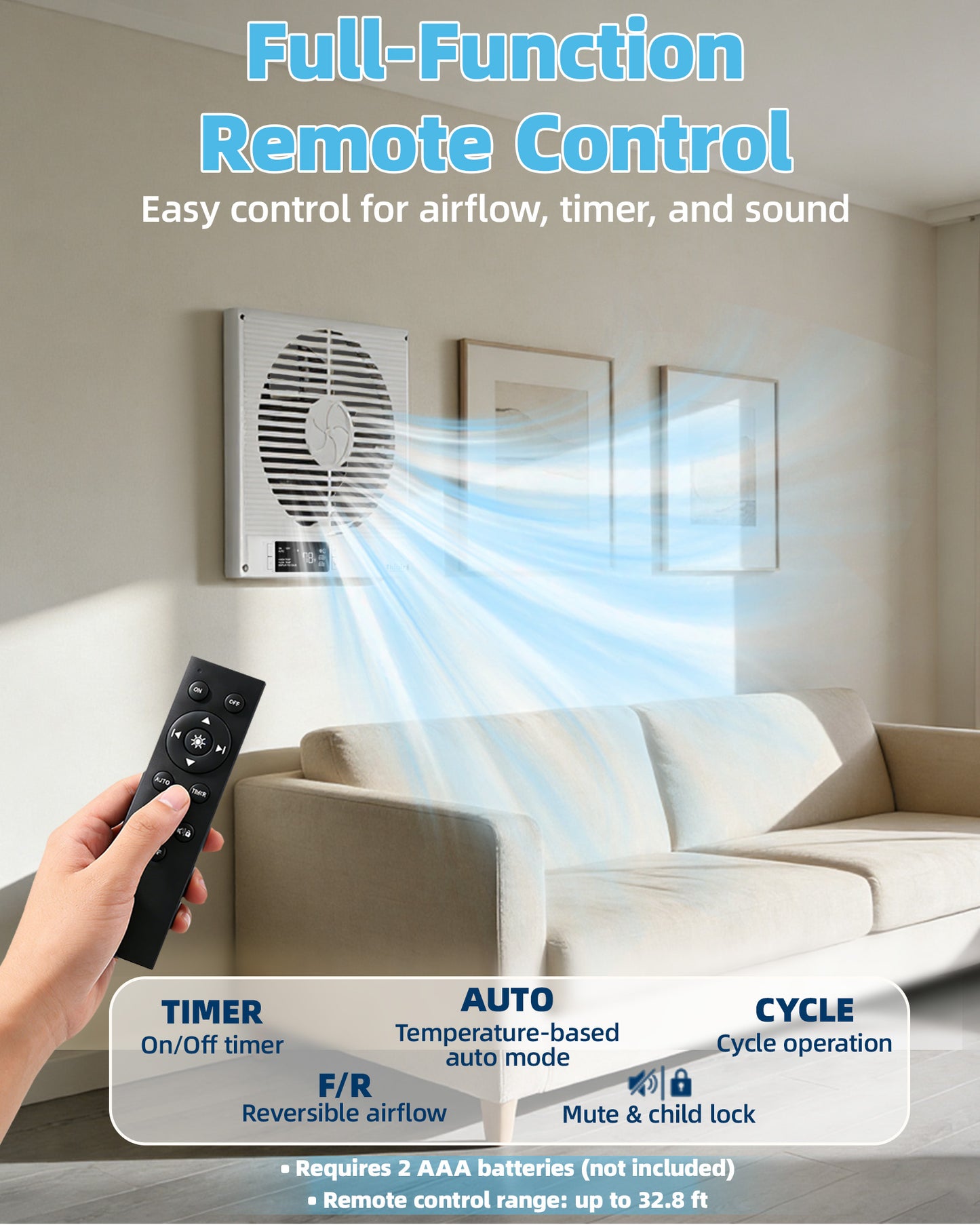 8" Room to Room Fan with Remote, 320 CFM Room to Room Air Transfer Fan, ETL Certifie