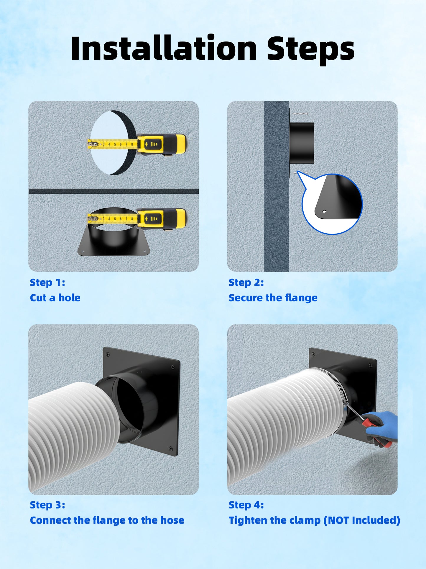 Ehiair Square Duct Connector Flanges, Metal Dryer Vent Connector Fitting, Black